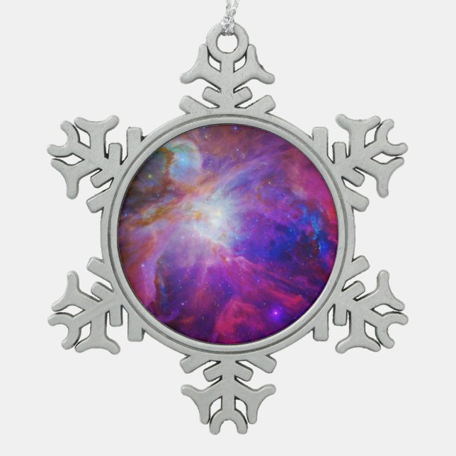 Pink Tinted Orion Nebula Snowflake Pewter Christmas Ornament (Front)