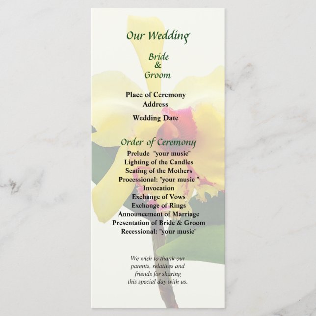 Pink Tipped Yellow orchid Wedding Program Programme (Front)