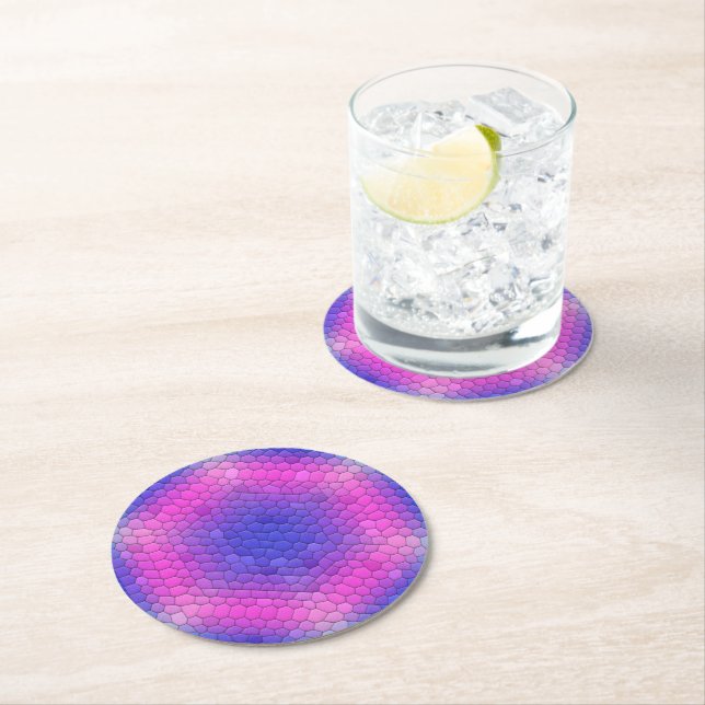 Pink to Blue Holographic Mermaid Scale Hexagons  Round Paper Coaster (Insitu)