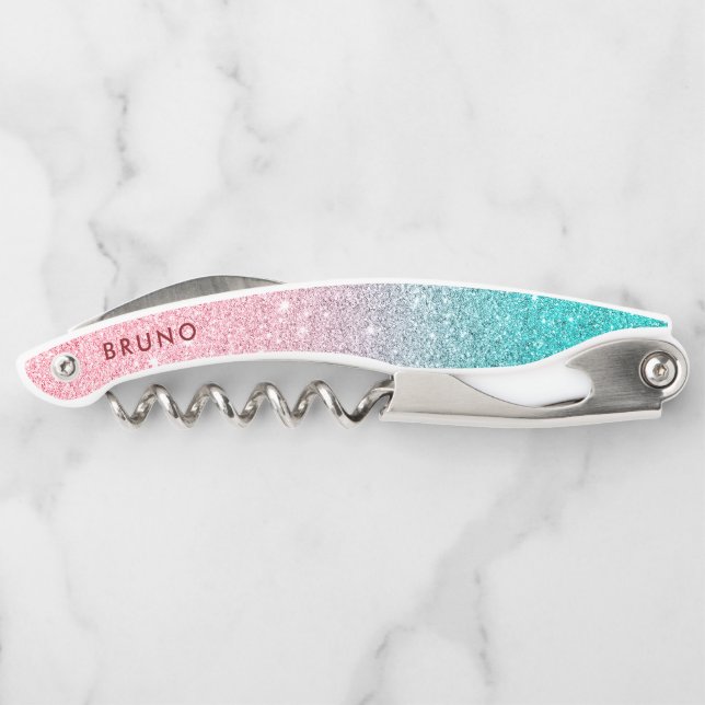 Pink to turquoise glitter ombre background corkscrew (Back)