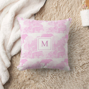Pink Toile Animals Chinoiserie Baby Girl Monogram Cushion