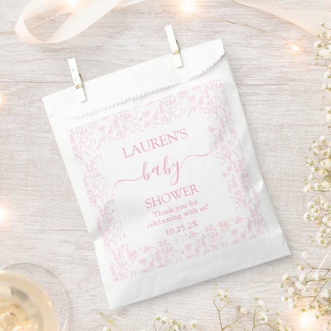 Pink Toile Bear Baby Shower Girl Favour Bags (Clipped)