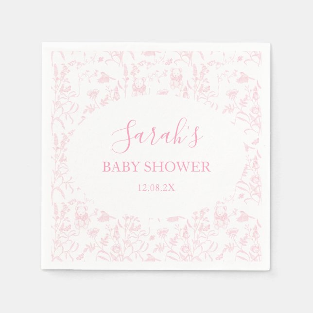 Pink Toile Bear Baby Shower Girl Napkin (Front)