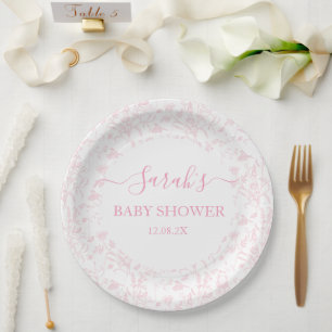 Pink Toile Bear Baby Shower Girl Paper Plate