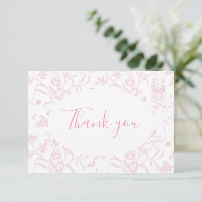 Pink Toile Bear Baby Shower Girl Thank You Card (Standing Front)