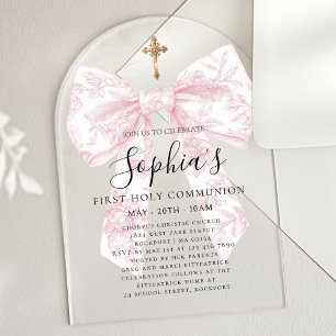 Pink Toile Bow Cross Girl First Communion Arch Acrylic Invitations