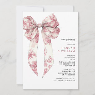 Pink Toile Bow Girl Baby Shower Invitation