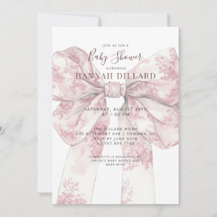 Pink Toile Bow Girl Baby Shower Invitation