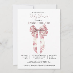Pink Toile Bow Girl Baby Shower Invitation