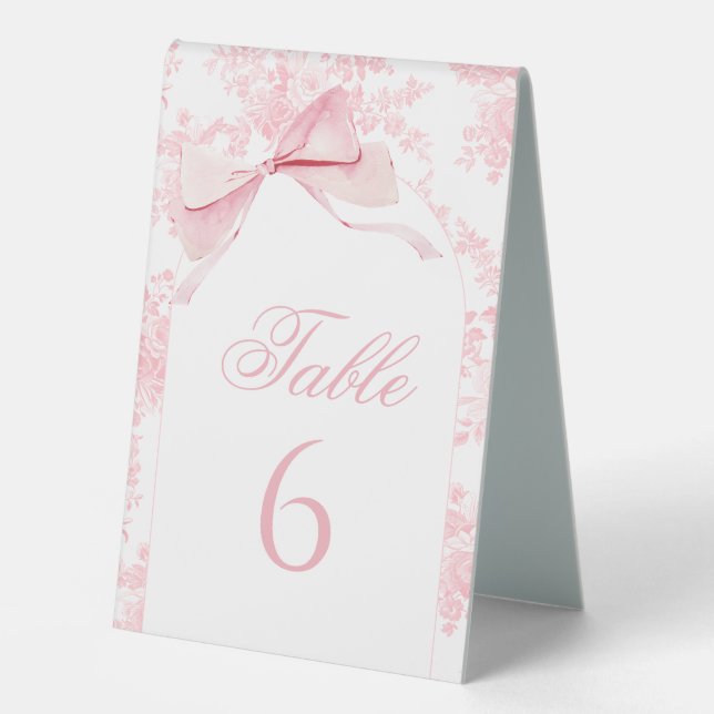 Pink Toile Bow Toile Baby Girl Shower Table Number (Front)