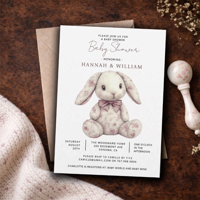 Pink Toile Bunny Rabbit Girl Baby Shower Invitation (Creator Uploaded)