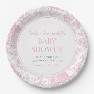 Pink Toile Chinoiserie Floral Baby Shower Paper Plate