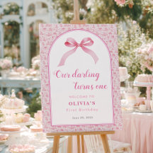 Pink Toile Coquette Bow 1st Birthday Girl