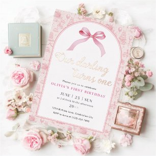 Pink Toile Coquette Bow 1st Birthday Girl