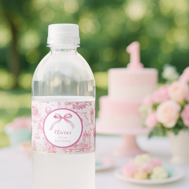 Pink Toile Coquette Bow 1st Birthday Girl Water Bottle Label (coquette style 1st birthday party for baby girl)