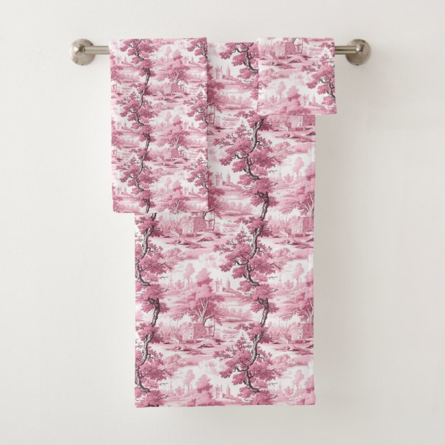Pink Toile Country French Antique Watercolor Bath Towel Set (Insitu)