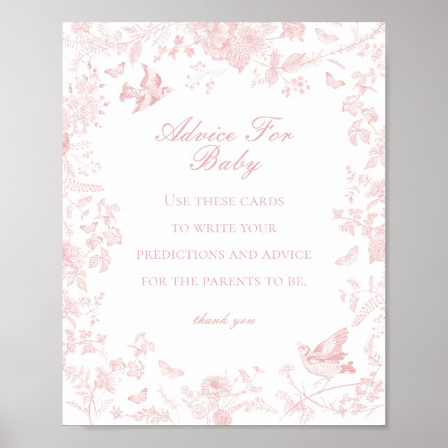 Pink Toile De Jouy Advice for Baby Shower Game Poster (Front)