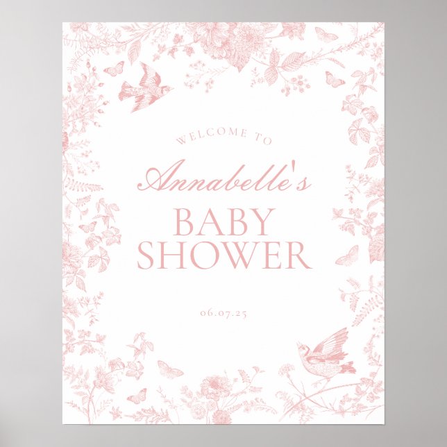 Pink Toile de Jouy Baby Shower Welcome Sign (Front)