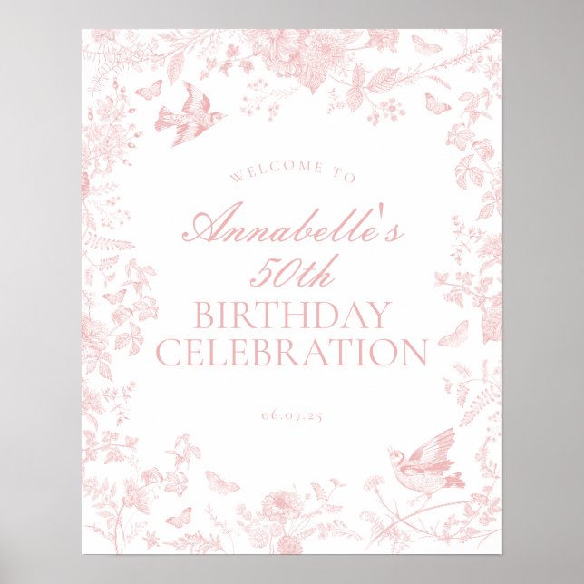 Pink Toile de Jouy Birthday Party Welcome Sign (Front)