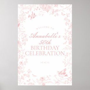 Pink toile de jouy birthday party welcome sign