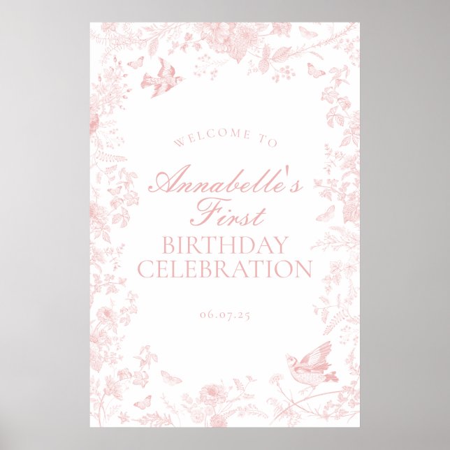 Pink Toile de Jouy Birthday Welcome Sign (Front)