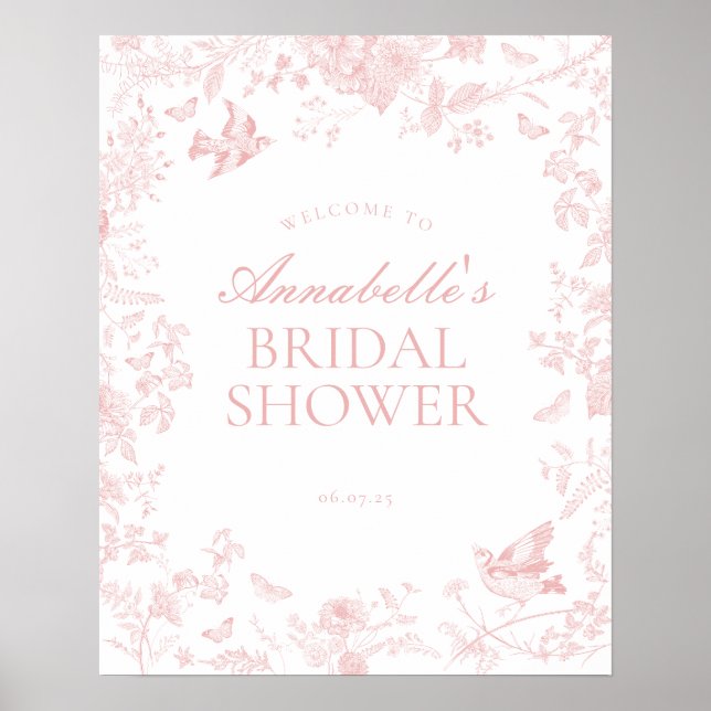 Pink toile de jouy bridal shower welcome sign (Front)