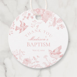 Pink Toile De Jouy Floral Baptism Favour Tags