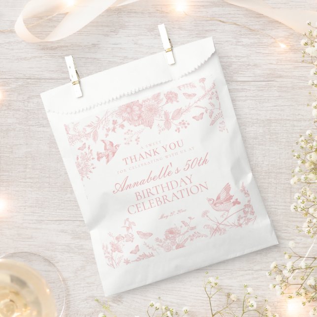 Pink Toile De Jouy Floral Birthday Dessert Favour Bags (Clipped)