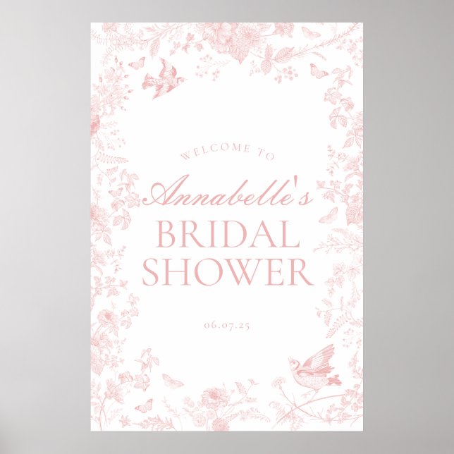 Pink toile de jouy floral bridal shower welcome poster (Front)