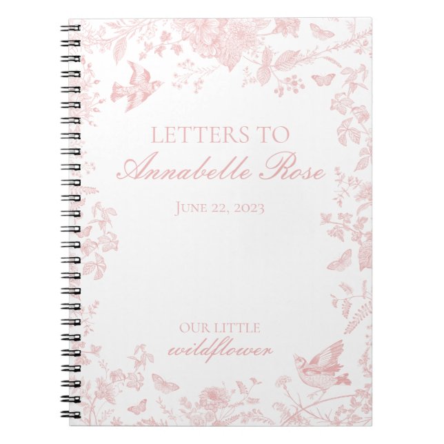 Pink Toile De Jouy Floral Letters to Birthday Girl Notebook (Front)