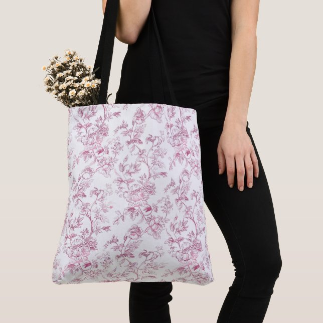 Pink Toile De Jouy Floral Pattern Tote Bag (Close Up)