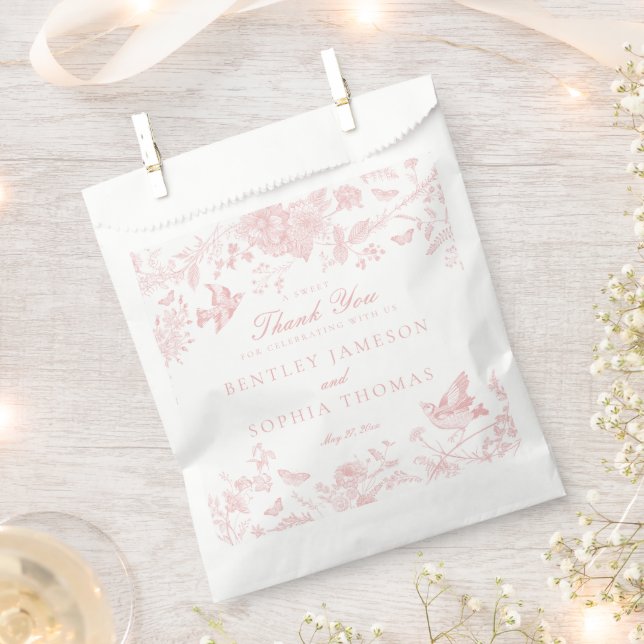 Pink Toile De Jouy Floral Wedding Dessert Favour Bags (Clipped)