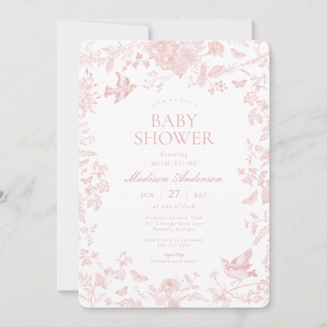 Pink Toile De Jouy French Floral Baby Shower Invitation (Front)