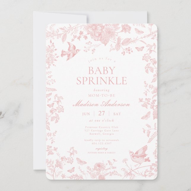 Pink Toile De Jouy French Floral Baby Sprinkle Invitation (Front)