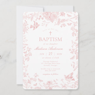 Pink Toile De Jouy French Floral Baptism Invitation