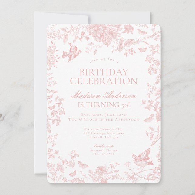 Pink Toile De Jouy French Floral Birthday Party Invitation (Front)