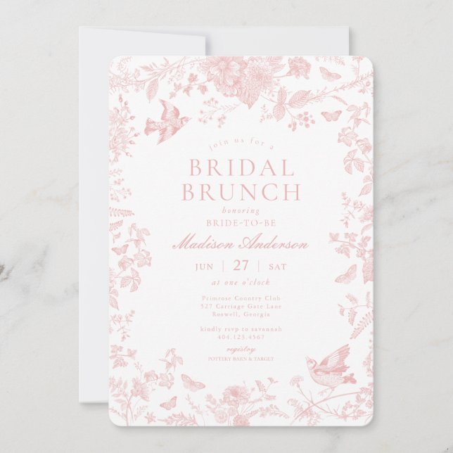 Pink Toile De Jouy French Floral Bridal Brunch Invitation (Front)