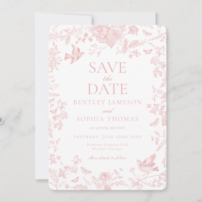Pink Toile De Jouy French Floral Save the Date Invitation (Front)