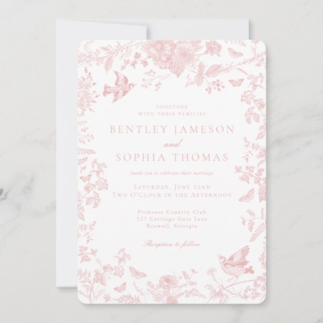 Pink Toile De Jouy French Floral Wedding Invitation (Front)
