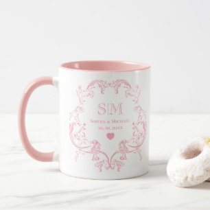 Pink Toile De Jouy or Floral Vine Wedding Monogram Mug