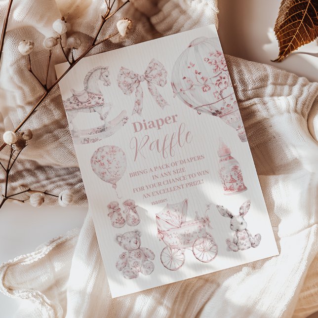 Pink Toile De Jouy Toys Baby Shower Diapper Raffle Enclosure Card (Creator Uploaded)