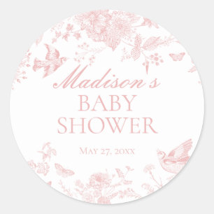 Pink Toile De Jouy Vintage Floral Baby Shower Classic Round Sticker