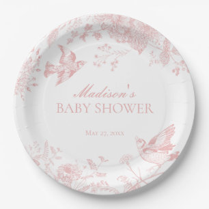 Pink Toile De Jouy Vintage Floral Baby Shower Paper Plate