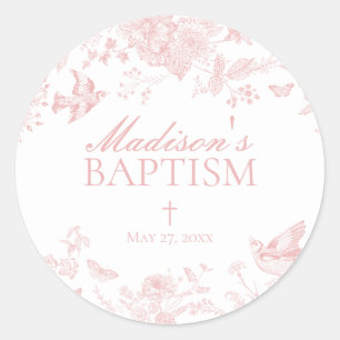 Pink Toile De Jouy Vintage Floral Baptism Classic Round Sticker