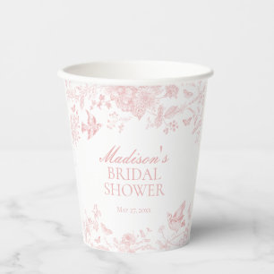 Pink Toile De Jouy Vintage Floral Bridal Shower Paper Cups
