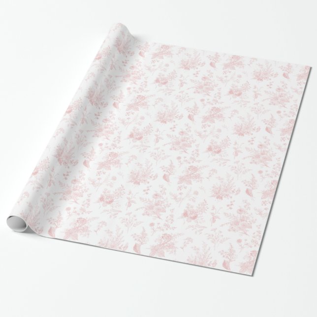Pink Toile De Jouy Vintage Floral Chinoiserie Wrapping Paper (Unrolled)