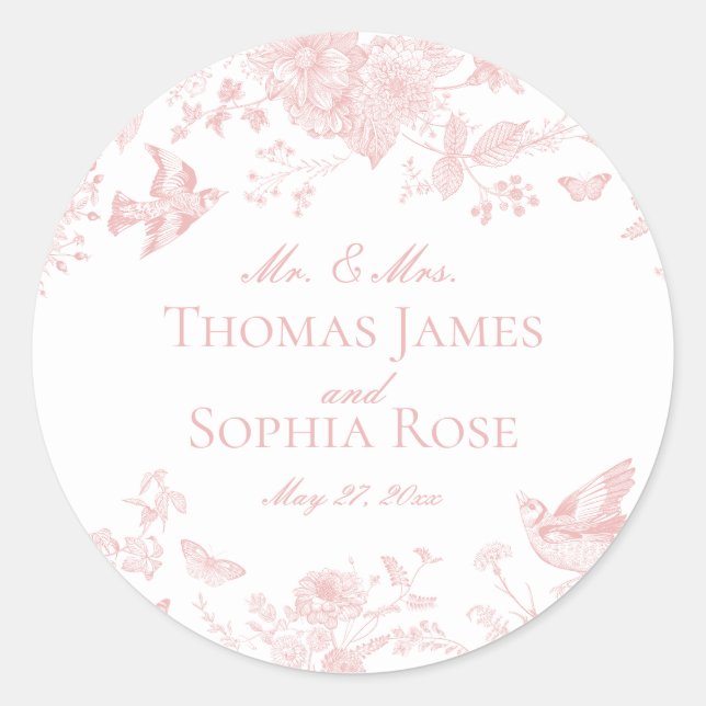 Pink Toile De Jouy Vintage Floral Wedding Classic Round Sticker (Front)