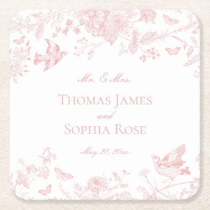 Pink Toile De Jouy Vintage Floral Wedding Square Paper Coaster