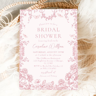 Pink Toile Floral Chinoiserie Bridal Shower Invitation