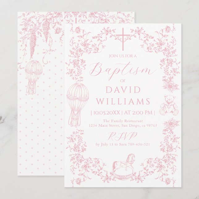 Pink Toile Girl Baptism Elegant Digital Invitation (Front/Back)